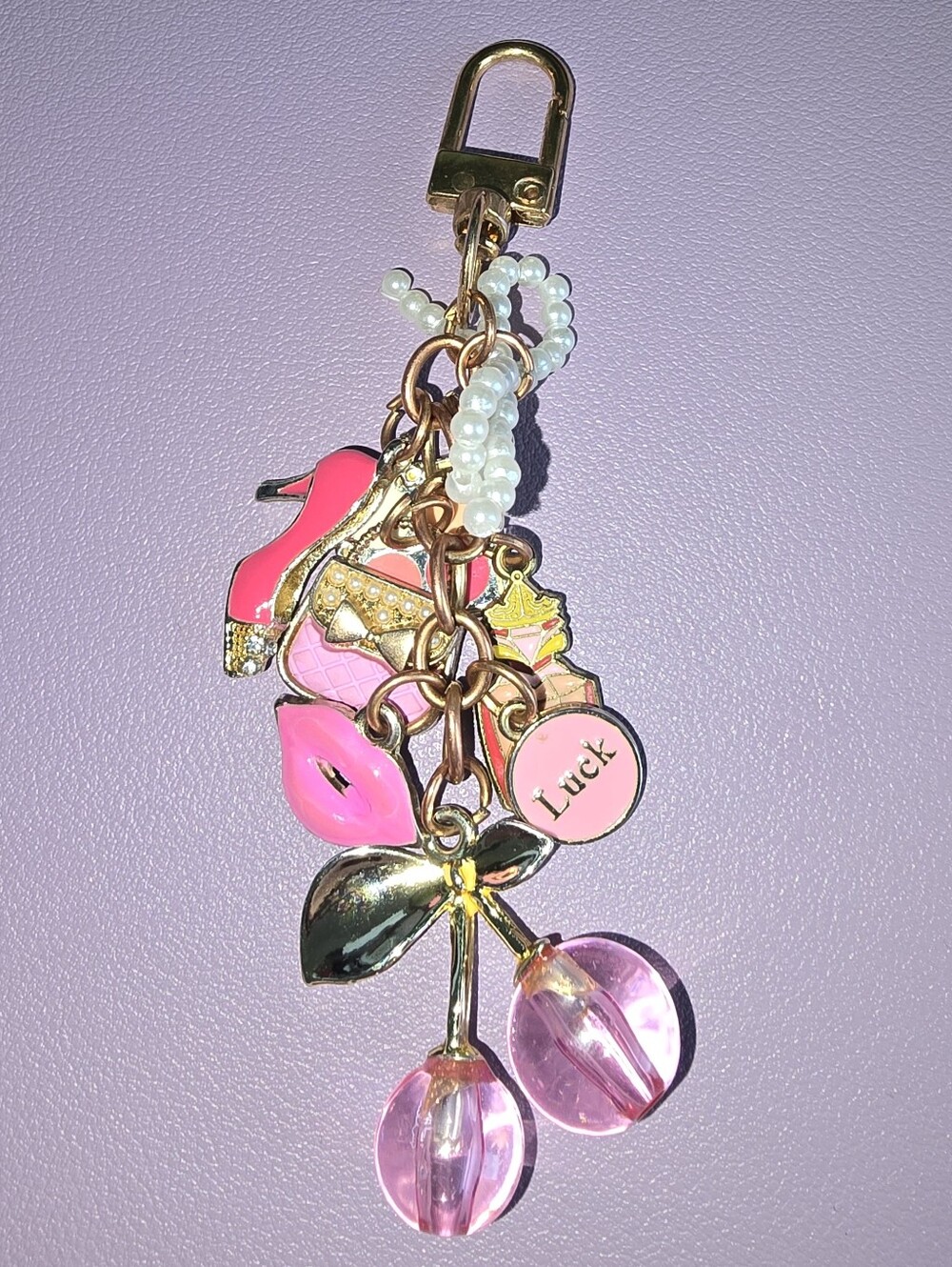Pink 💕 Cherry Charm Keychain with Lips, Purse, Shoe, Perfume, Eyeshadow, NEW - Picture 1 of 6